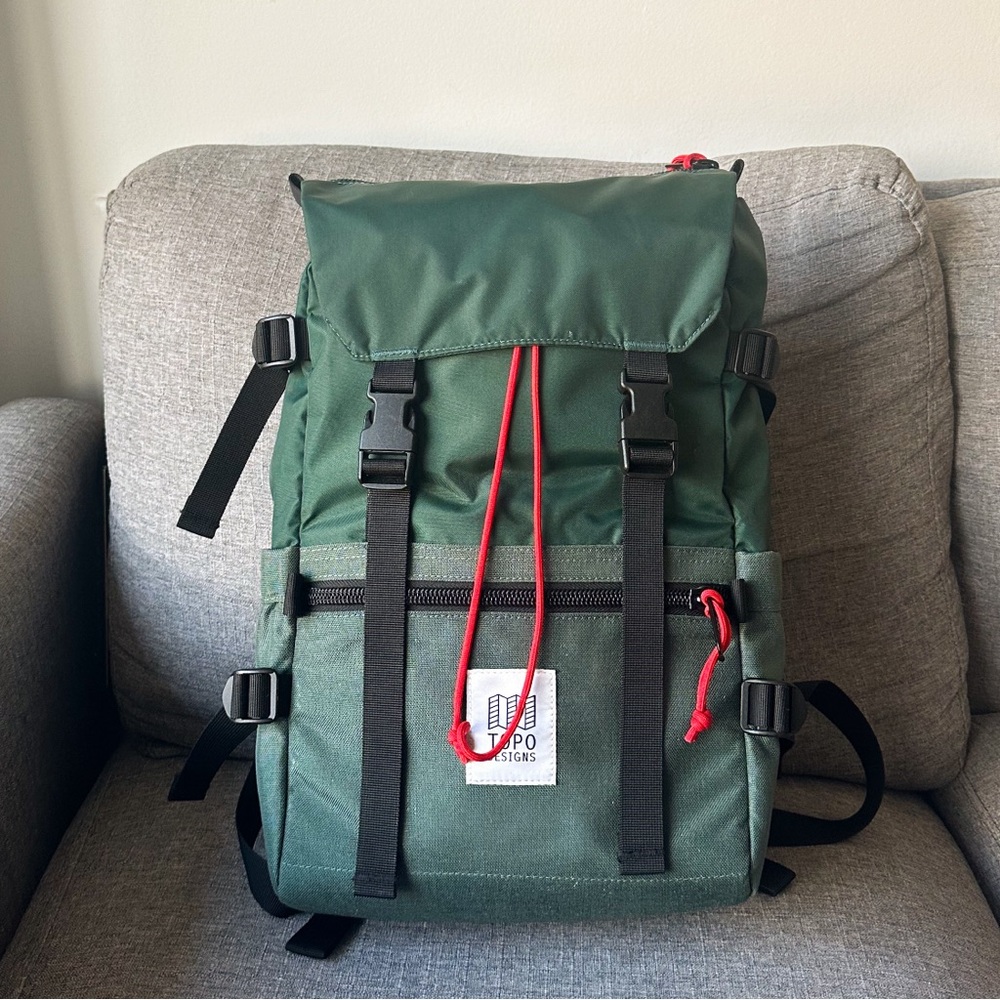 Topo Designs Green Backpack with Red Accents